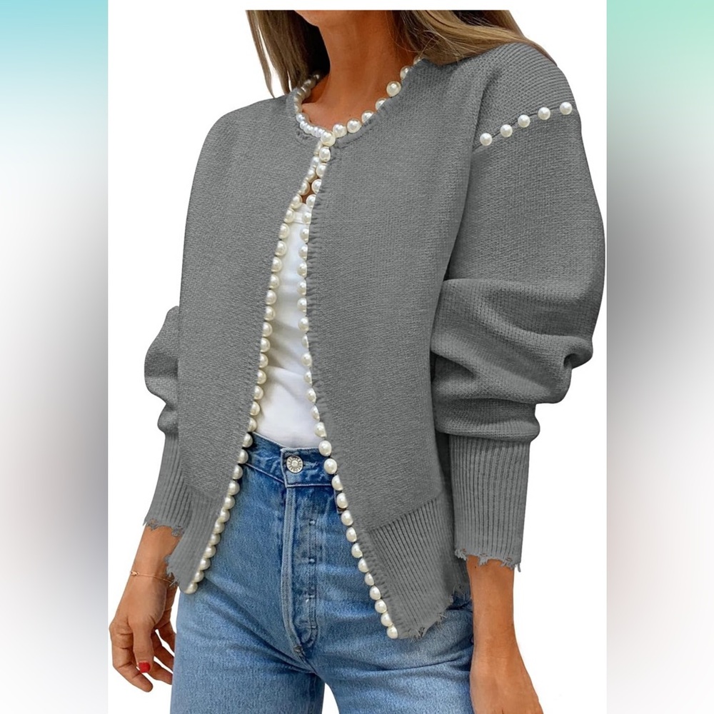 Kedera | NWOT | Women's Open Front Gray Pearl-Embellished Cardigan Sweater